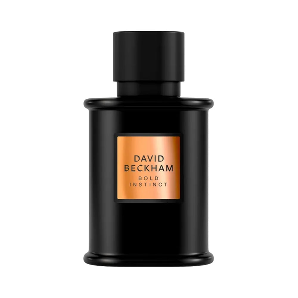 Frasco do perfume David Beckham Bold Instinct preto fosco com rótulo metálico cobre